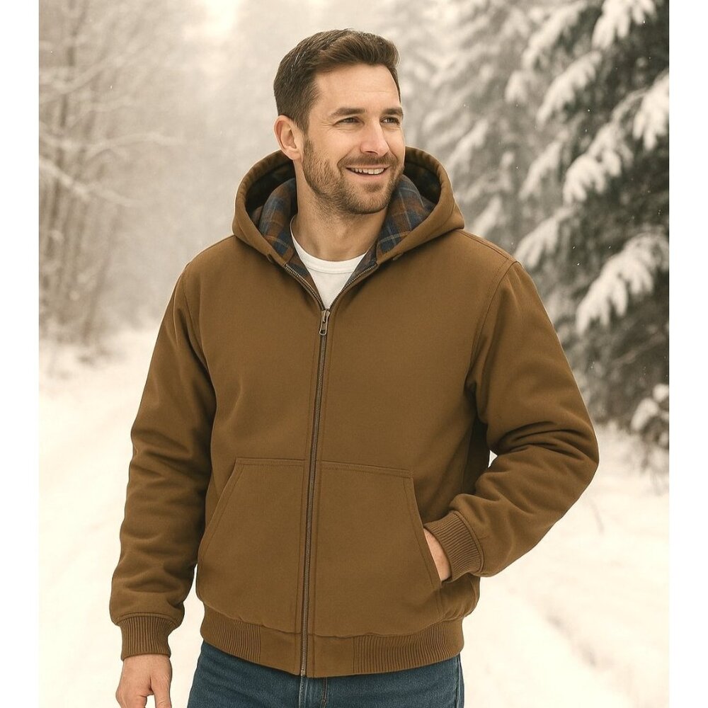 Woolrich L Men Canvas Hooded Jacket Plaid Kangaroo Pocket Zipper Hoodie Coat